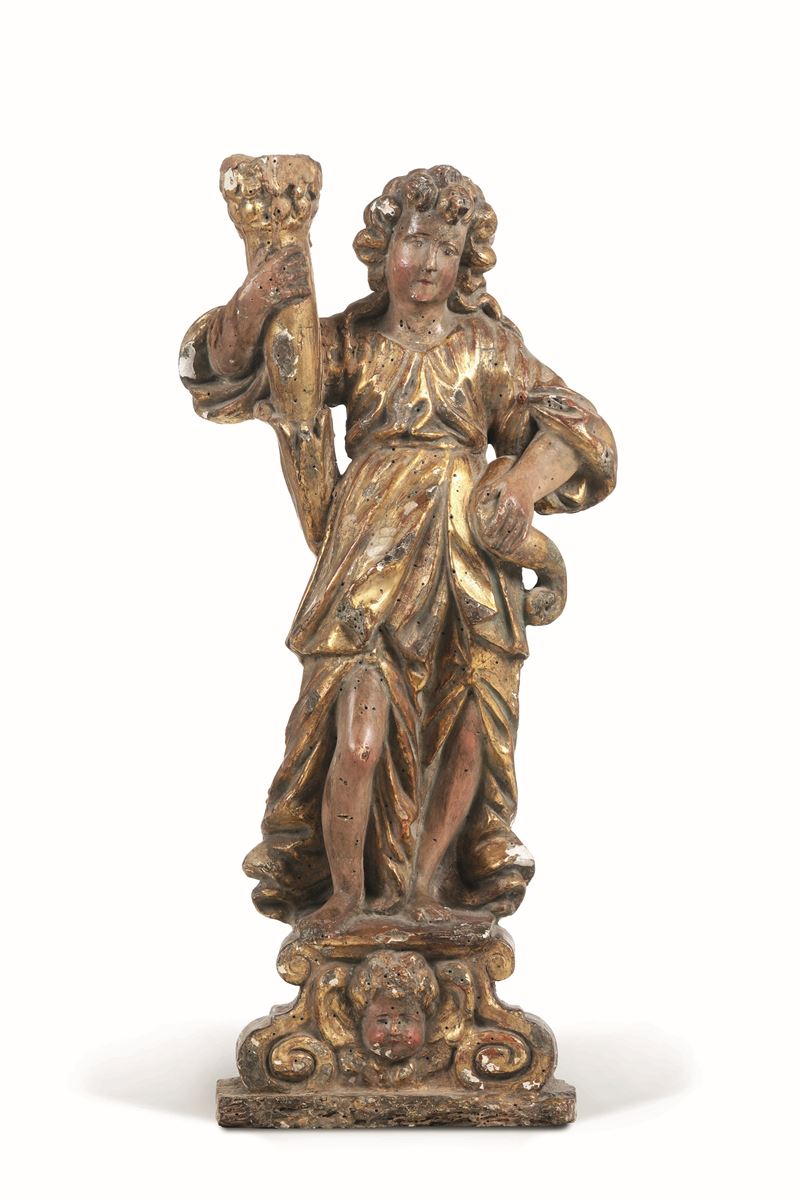 Angelo reggi torcia in legno policromo e dorato. Arte rinascimentale del XVI-XVII secolo  - Asta Scultura - Cambi Casa d'Aste