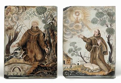 Coppia di Scagliole Policrome su Ardesia Raffiguranti S.francesco che Riceve le Stimmate e Santo ...
