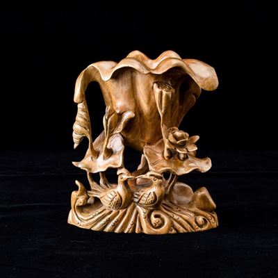 Vaso Scolpito in Legno a Foggia di Fiore e Uccellini, Cina, XX Secolo