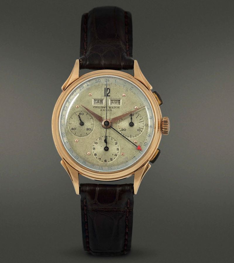 PHILIPPE WATCH - Extra Cronografo a carica manuale in oro rosa 18 kt con tre contatori e calendario.  - Auction The One, for passionate only - Cambi Casa d'Aste