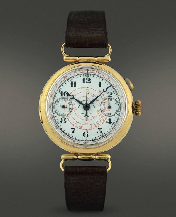 UNIVERSAL WATCH GENEVE - Chronograph  Cronografo a carica manuale in oro giallo 18 kt a due contatori, monopulsante a ore 2.
