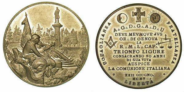 GENOVA. Trionfo Ligure. Per i 50 anni de La Comunione Italiana. Medaglia in metallo bianco 1905.