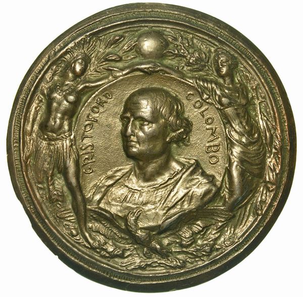 GENOVA. Cristoforo Colombo, 1451-1506. IV centenario della scoperta dell'America. Placchetta uniface in bronzo.