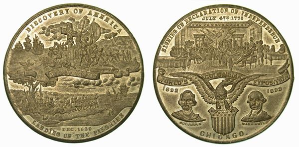 COLOMBO. Esposizione Colombiana Mondiale Chicago 1893. IV centenario della scoperta dell'America. Dichiarazione di Indipendenza. Medaglia di metallo bianco 1893.
