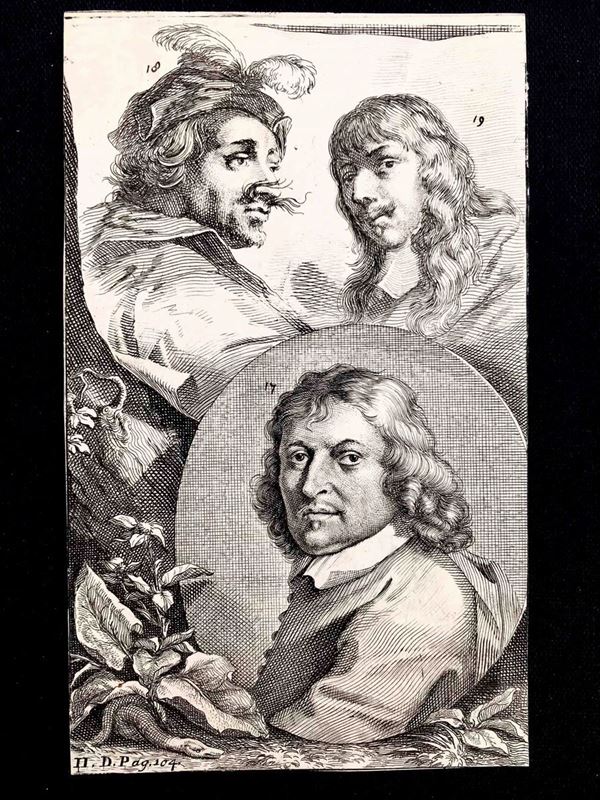 Jacobus Houbraken (1698-1780). Tre incisioni a bulino Ritratti multipli di pittori