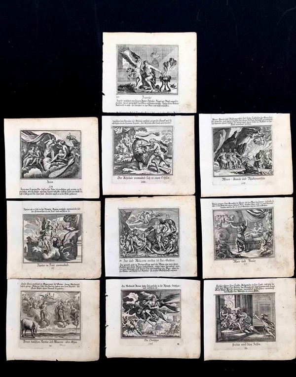 Incisore del XVII secolo, 10 incisioni con soggetti mitologici