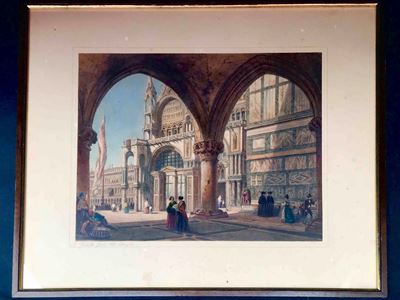 Venezia, St Mark From The Broglio. XIX Secolo. Bella Acquaforte Acquerellata in Cornice