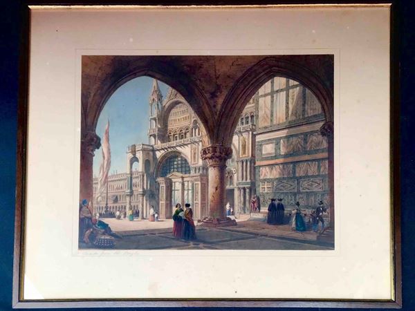 Venezia, St Mark from the Broglio. XIX secolo. bella acquaforte acquerellata in cornice