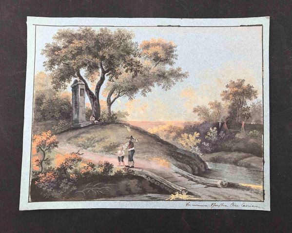 Firma indecifrata XIX secolo Paesaggio con viandanti