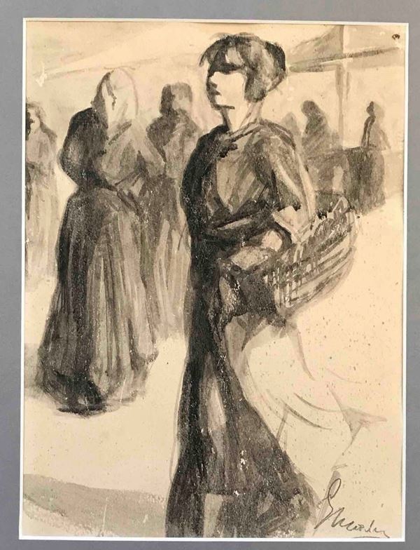 Pittore del XIX secolo Giovane donna al mercato