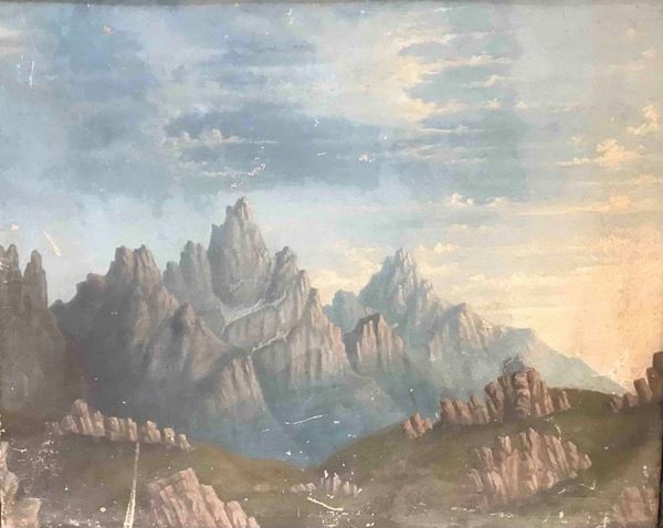 Pittore memore di Leonardo XIX (?) secolo,  Olio (?) su cartone. Paesaggio roccioso