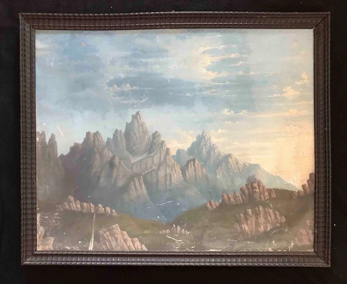 Pittore Memore di Leonardo XIX (?) Secolo, Olio (?) su Cartone. Paesaggio Roccioso