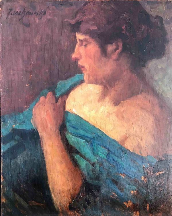 Pittore russo del XX secolo Ritratto di donna con scialle blu