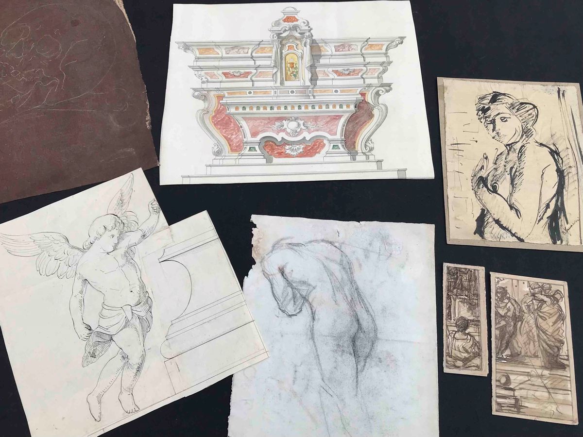 Cartella con 7 Disegni di Epoche e Autori Diversi