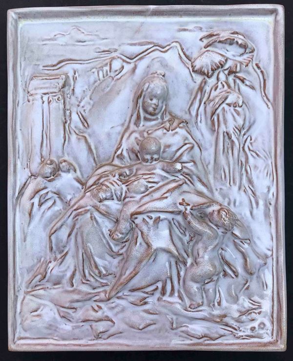 Domenico Matteucci (Faenza 1914 - 1991) Madonna, Bambino e San Giovannino con tempio sullo sfondo