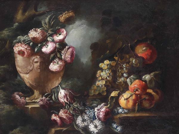 Scuola romana del XVIII secolo Natura morta con fiori e frutta con vaso a grottesche