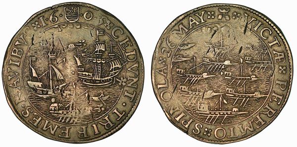 La battaglia navale del 26 Maggio 1603 presso Slusa. Federico Spinola muore e parte della sua flotta spagnola viene affondata. Gettone in argento 1603.