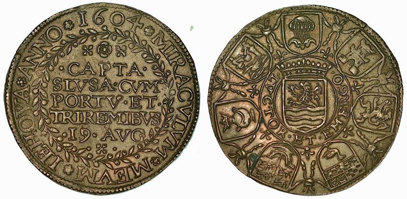 I Confederati conquistano il porto di Susa (1604). Gettone in rame 1604.  - Auction Numismatics - Cambi Casa d'Aste