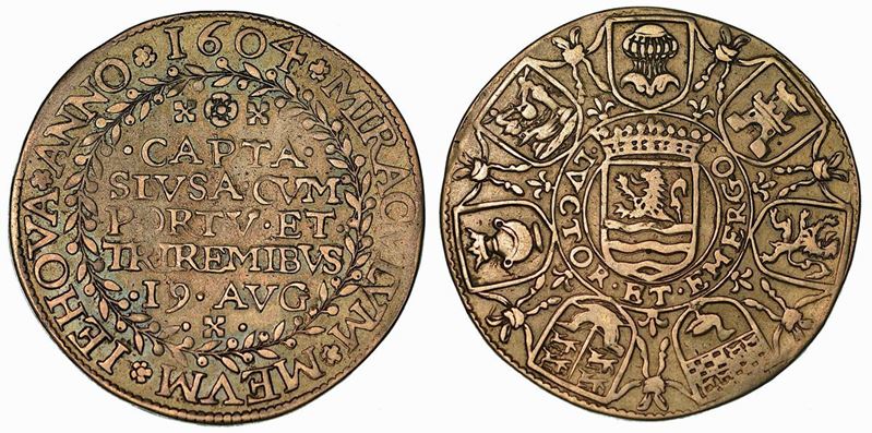 I Confederati conquistano il porto di Susa (1604). Gettone in argento 1604.  - Auction Numismatics - Cambi Casa d'Aste