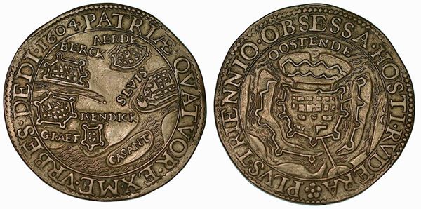 Spinola conquista Ostenda (22 settembre 1604). Gettone in rame 1604.
