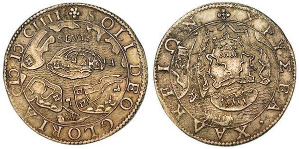 Spinola conquista Ostenda (22 settembre 1604). Gettone in argento 1604.