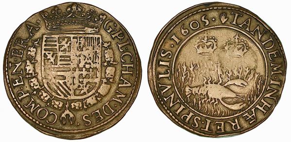 Anversa per onorare Ambrogio Spinola conquistatore di Ostenda (1604). Gettone in rame 1605.