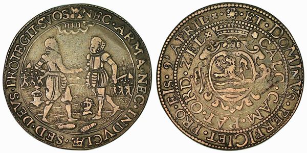Firmata la tregua dei 12 anni tra Spagnoli ed Olandesi (9 aprile 1609). Gettone in argento 1609.