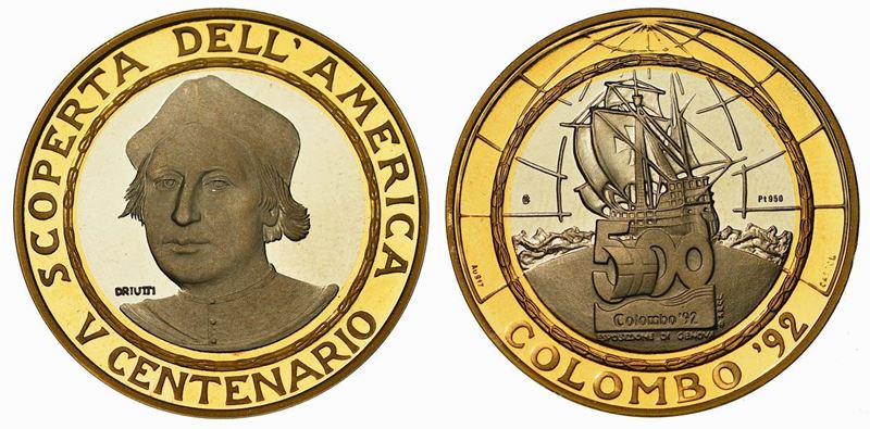 COLOMBO. V Centenario della scoperta dell'America "Colombo 92". Medaglia in oro e platino.  - Auction Numismatics - Cambi Casa d'Aste
