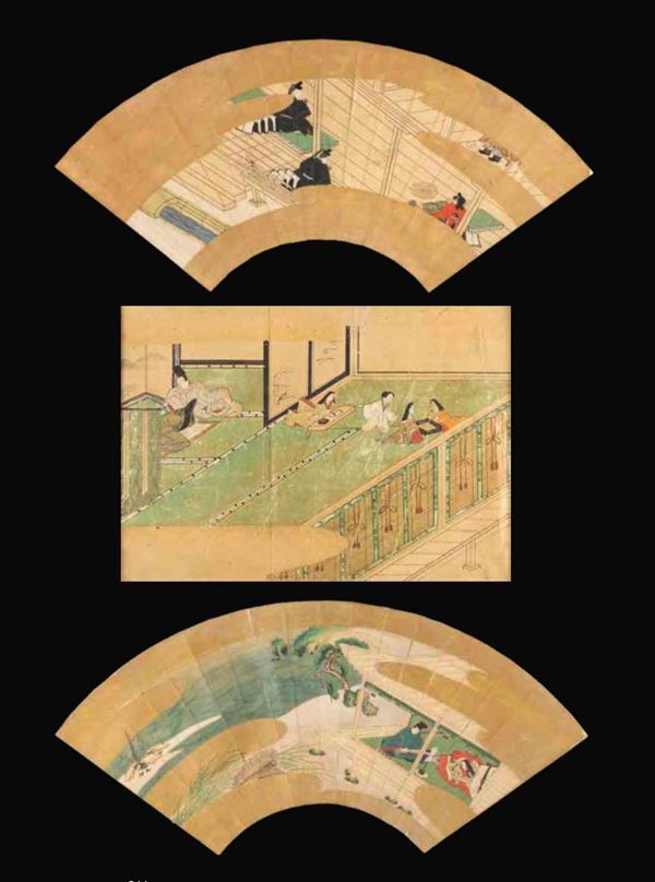 Lotto composto da tre dipinti su carta raffiguranti scene di vita comune, Giappone, periodo Edo, XVIII secolo