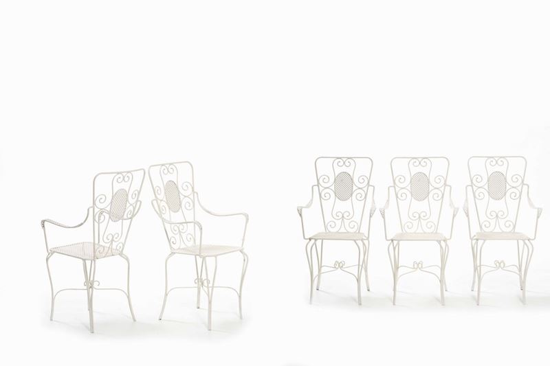 Cinque sedie da giardino con schienale squadrato  - Asta Arredi del'900 - Cambi  [..]