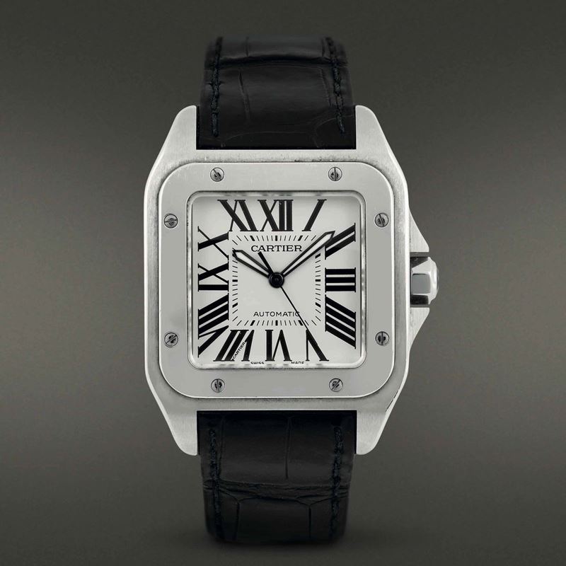 CARTIER - Santos 100 Orologio elegante a carica automatica in acciaio con cassa di forma e misura generosa.  - Asta The One, for passionate only - Cambi Casa d'Aste