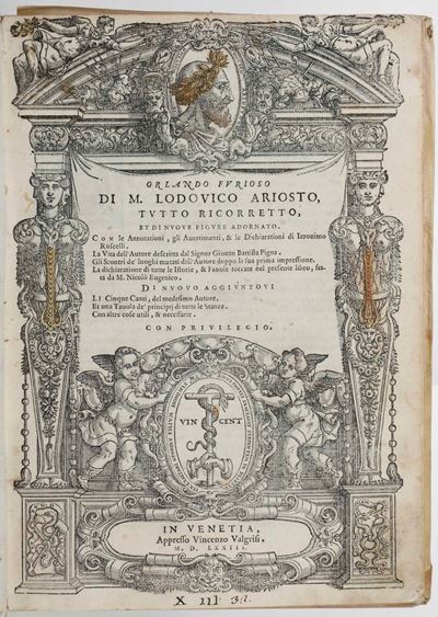 Orlando Furioso di M. Ludovico Ariosto, Tutto Ricorretto, Et di Nuove Figure Adornato...in Veneti...