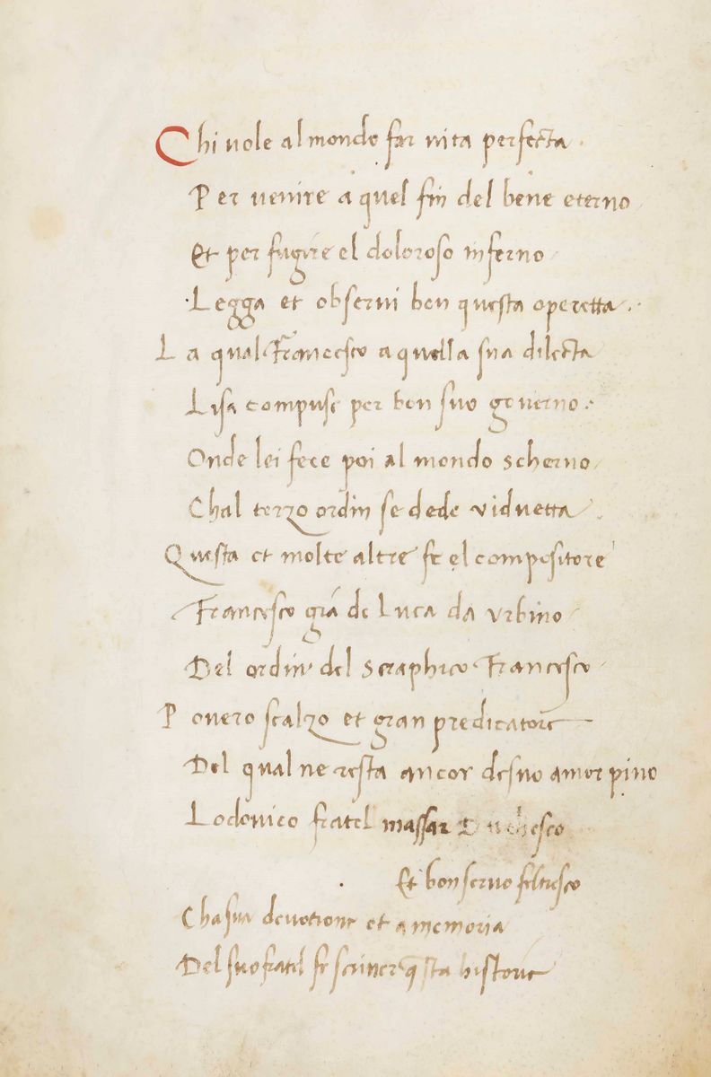 Frate Francesco De Luca (da Urbino) - Operetta...manoscritto Cartaceo del Secolo XV