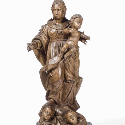 Madonna con Bambino e Angeli. Legno Scolpito (privo della Policromia). Arte Barocca Italiana del ...