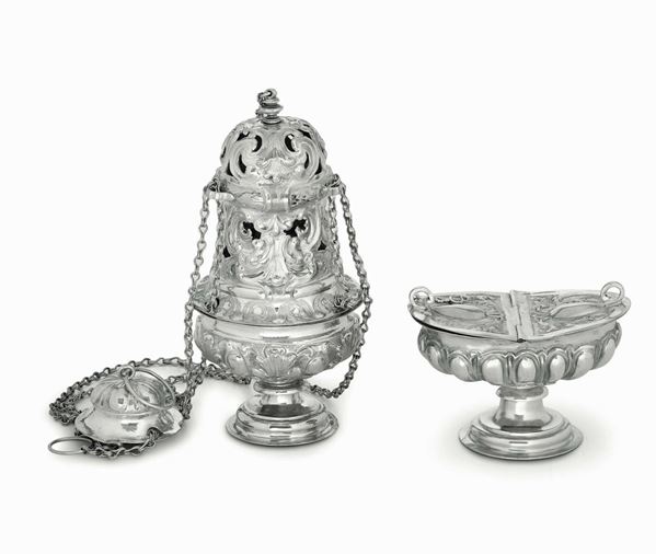 Turibolo e navicella in argento. Argenteria italiana del XVIII secolo (Toscana?) apparentemente privi di punzonatura