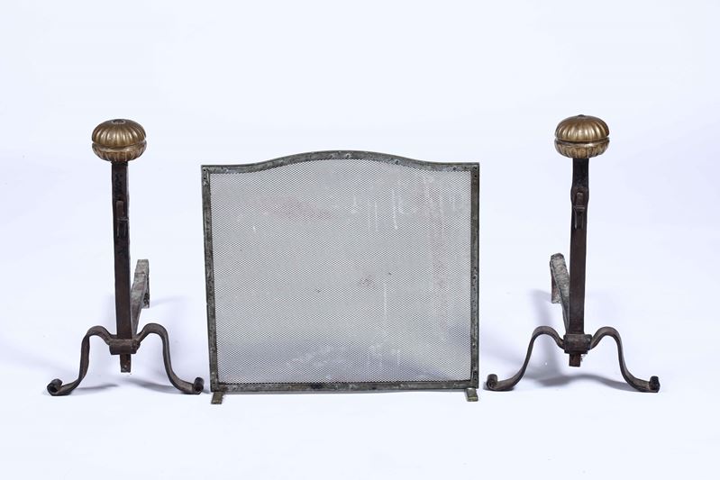 Coppia di alari e para scintille in ferro battuto  - Auction Antiques and paintings - Cambi Casa d'Aste