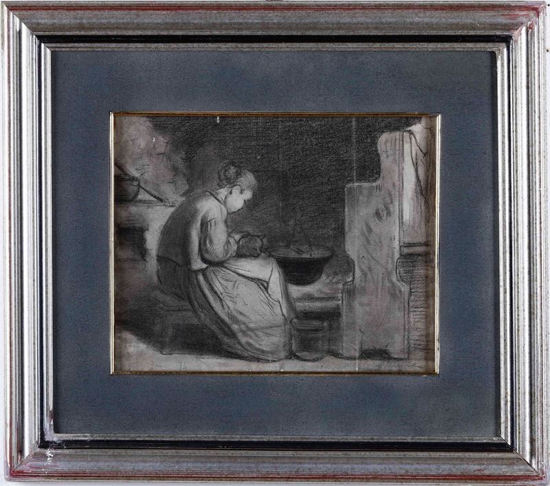 Giuseppe Mazza : Figura femminile con gatto  - carboncino e sfumino su carta rigida - Auction 19th Century Paintings - Cambi Casa d'Aste
