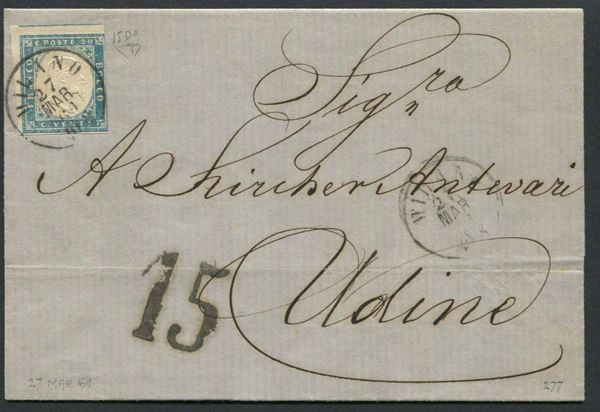 1861, Regno d'Italia, 20 centesimi cobalto di Sardegna (S. 15De) su lettera da Milano 27 marzo 1861 per Udine.