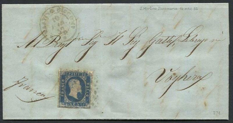1852, Regno di Sardegna, lettera da San Martino Siccomario per Voghera del 10 marzo 1852.  - Auction Philately and Postal History - Cambi Casa d'Aste