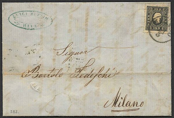 1859, Austria, 3 kreuzer nero I tipo (S. 7) su lettera.