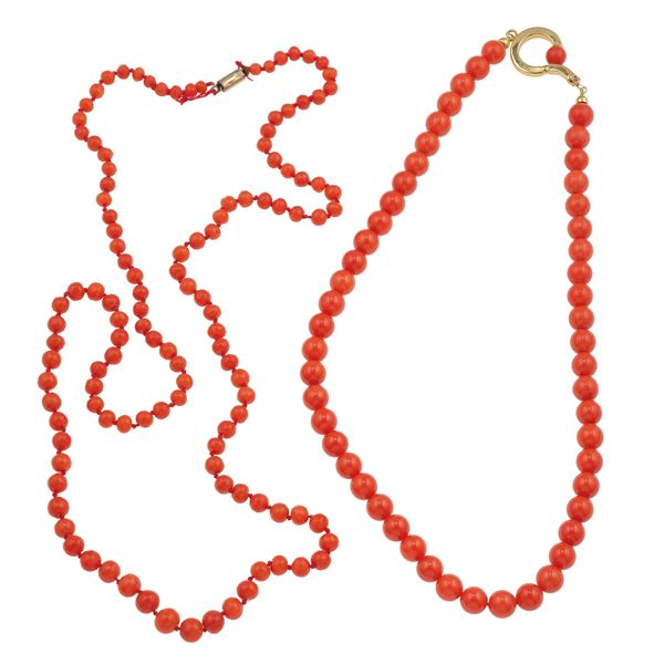 Two coral necklaces with gold and low-karat gold clasps