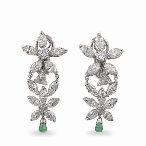 Pair of diamond and emerald earrings