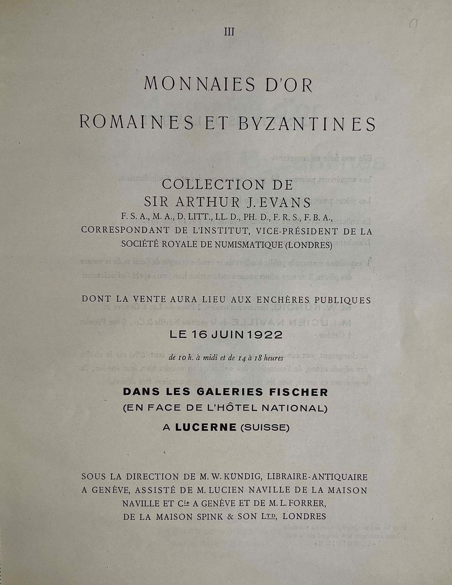 Naville Et Cie. No. III. Monnaies D'or Romaines Et Byzantines. Collection De Sir Arthur J. Evans....