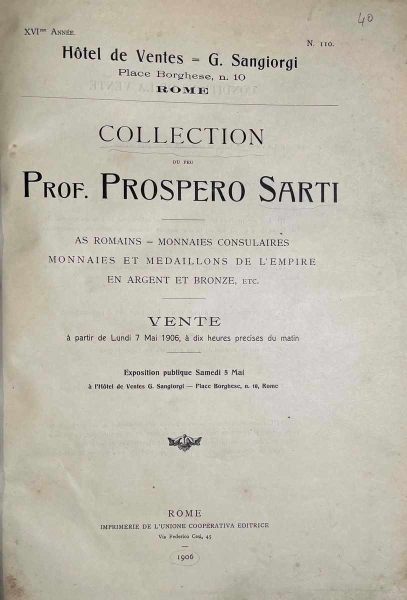 Sangiorgi G. Collection Du Feu Prof. Prospero Sarti. As Romains, Monnaies Consulaires, Monnaies E...