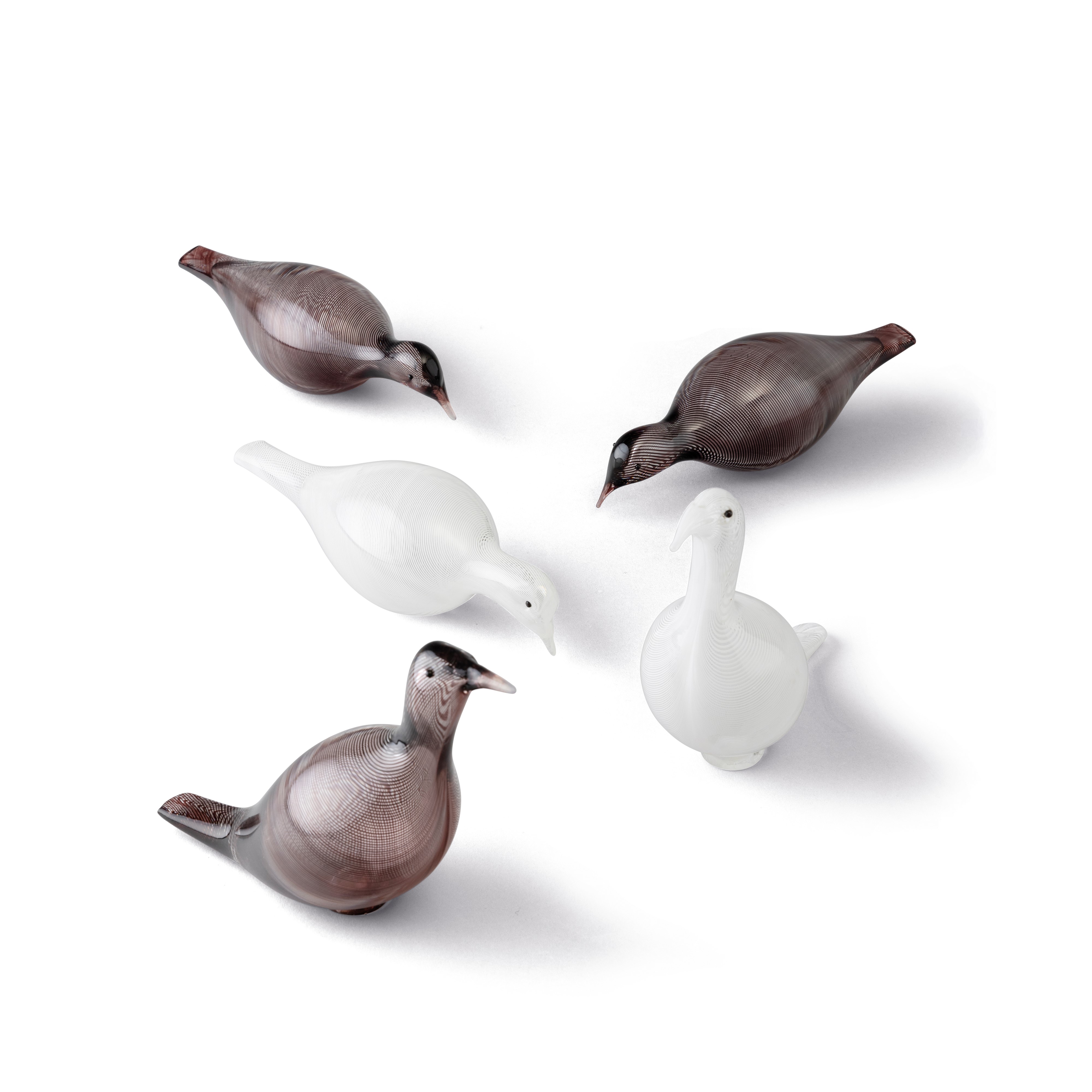 Tapio Wirkkala - Cinque colombe in vetro soffiato, Murano, decori a filigrana