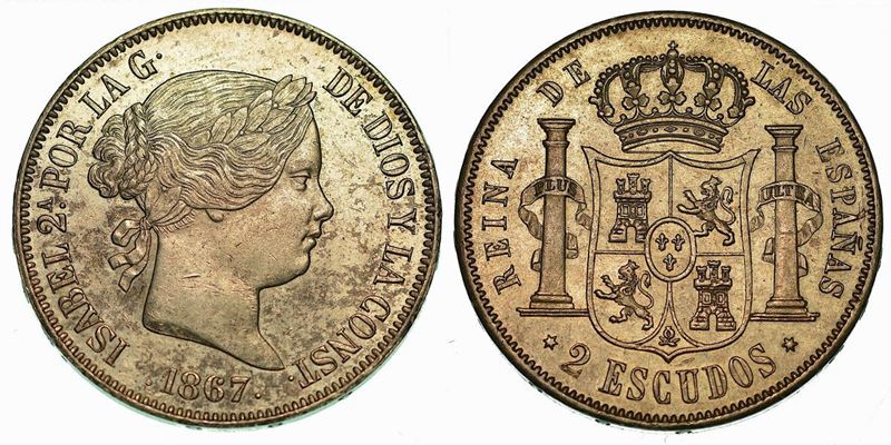 SPAGNA. ISABEL II, 1833-1868. 2 Escudos 1867.  - Auction Numismatics - Cambi Casa d'Aste