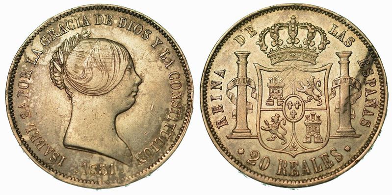 SPAGNA. ISABEL II, 1833-1868. 20 Reales 1851.  - Auction Numismatics - Cambi Casa d'Aste
