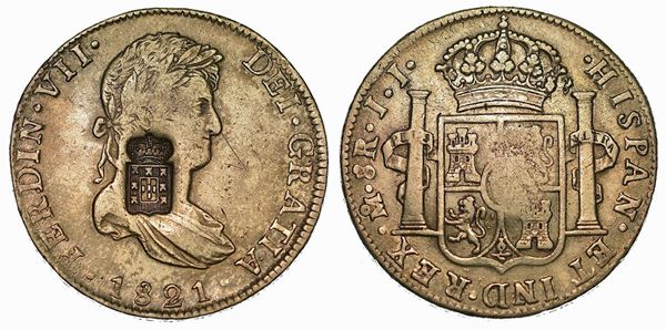 SPAGNA. FERNANDO VII, 1808-1833. 8 Reales 1821 contromarcato con stemma del Portogallo.