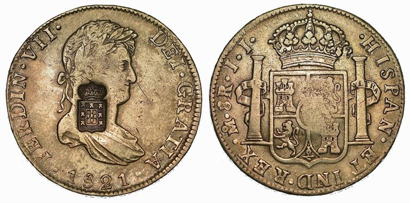 SPAGNA. FERNANDO VII, 1808-1833. 8 Reales 1821 contromarcato con stemma del Portogallo.  - Asta Numismatica - Cambi Casa d'Aste