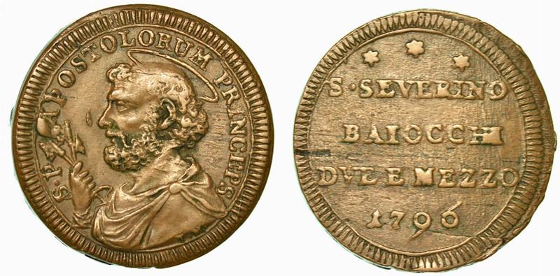 STATO PONTIFICIO. PIO VI, 1775-1799. 2 e 1/2 Baiocchi 1796. San Severino.  - Auction Numismatics - Cambi Casa d'Aste
